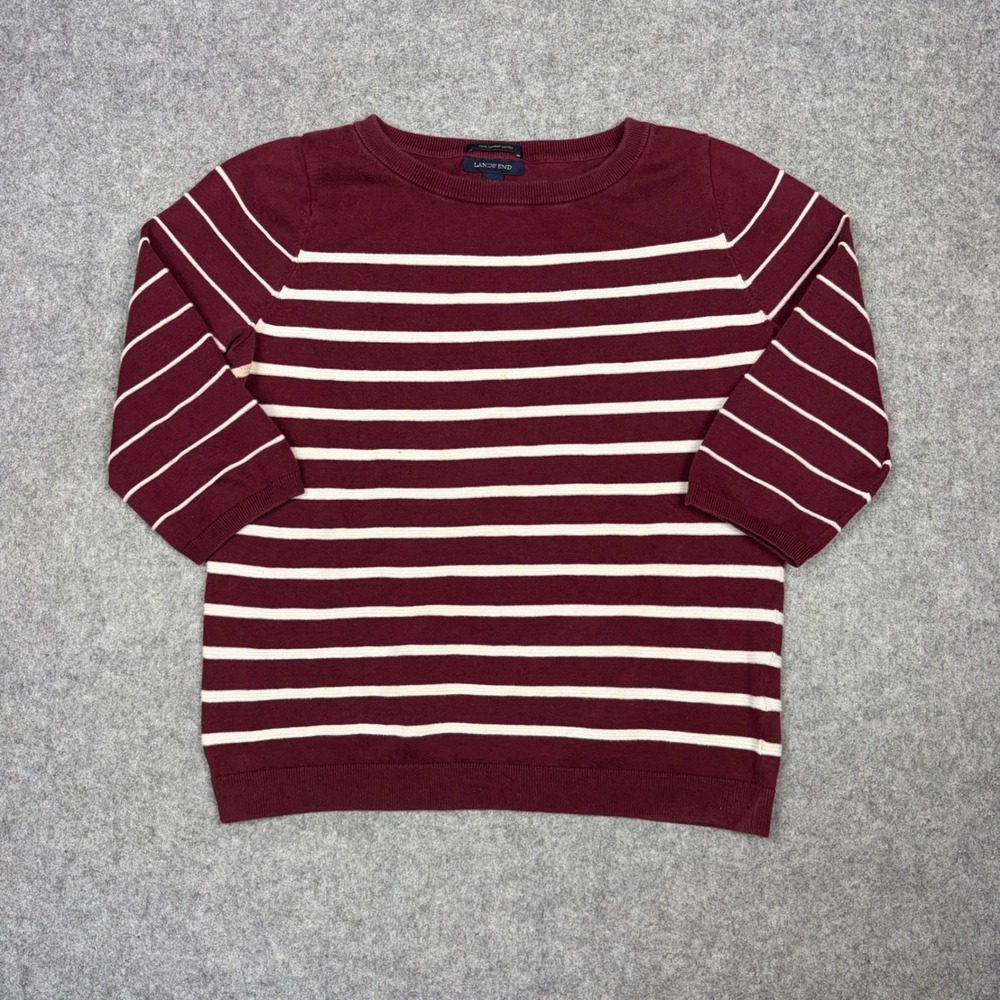 Lands End Burgundy White Striped Supima Cotton 3/4 Sleeve Sweater Womens M 10-12